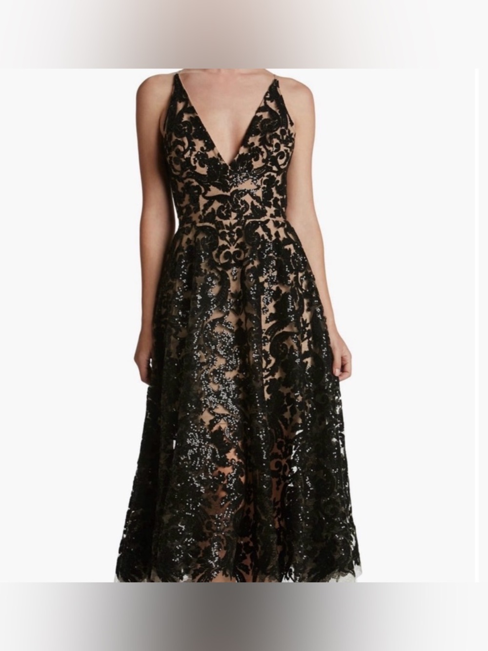 Dress the Population Deep V Black Lace Overlay Evening Dress